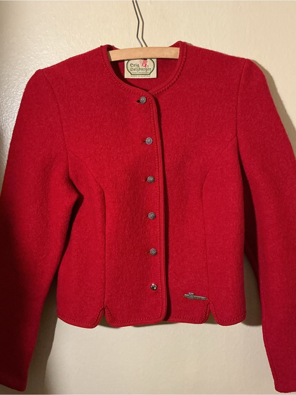 Vintage Original Salzburger Austrian Red Boiled Wool Trachten Jacket 4/6 Small - Picture 4 of 8